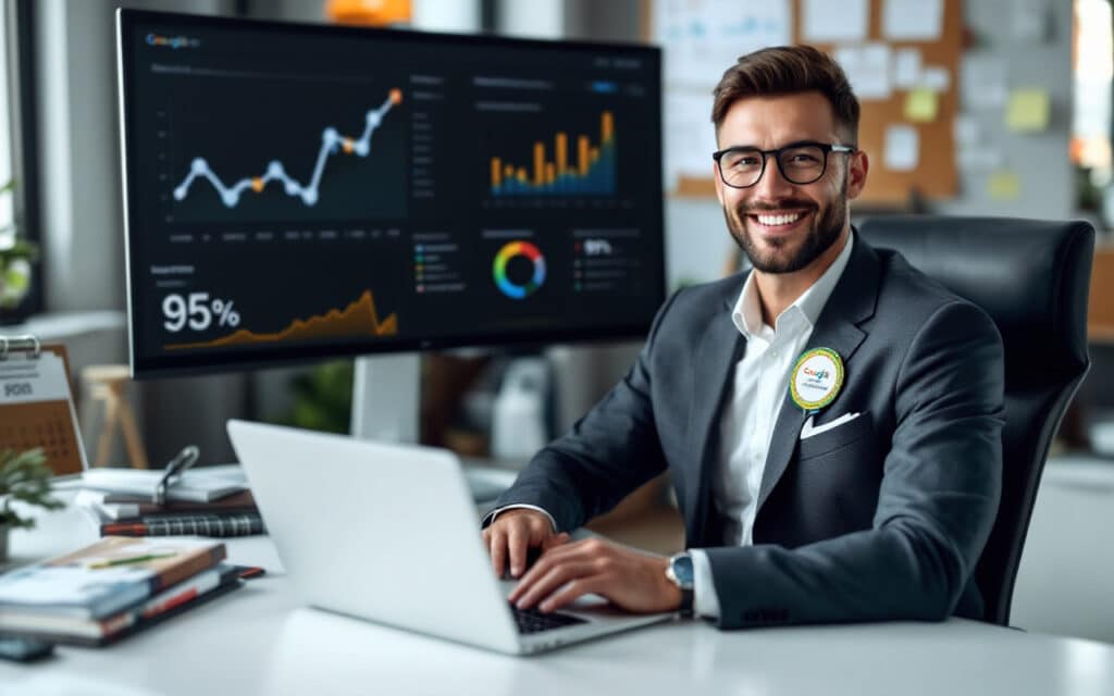 Professional with Google certification badge in a professional setting