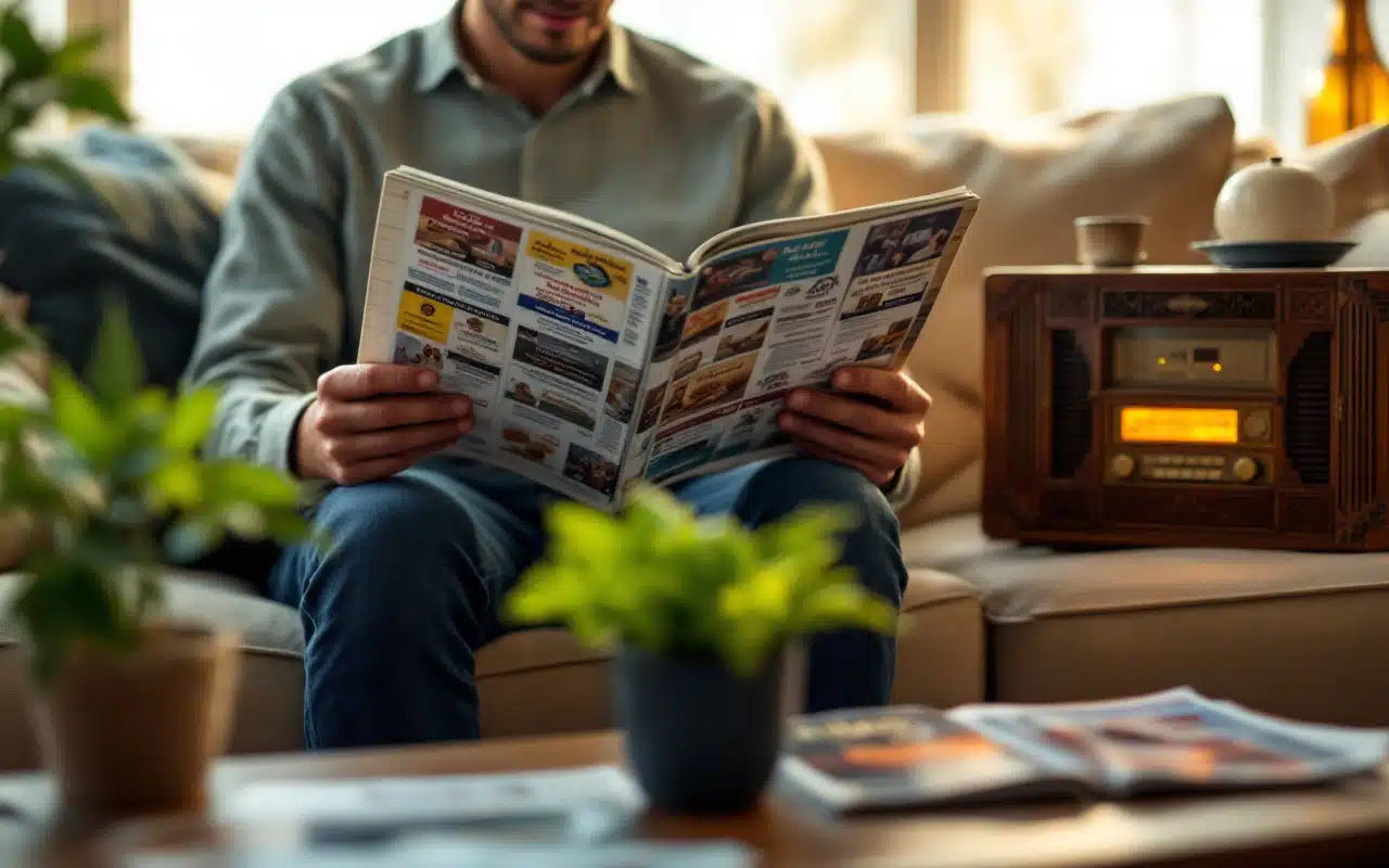 A person reading a printed ad in a comfortable setting