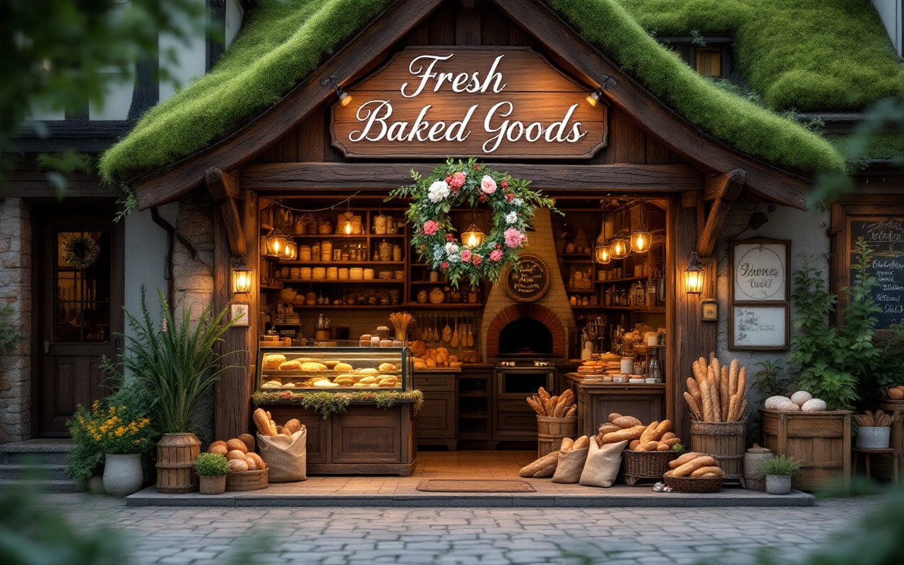 Scene of an artisan bakery with distinct SWOT elements.