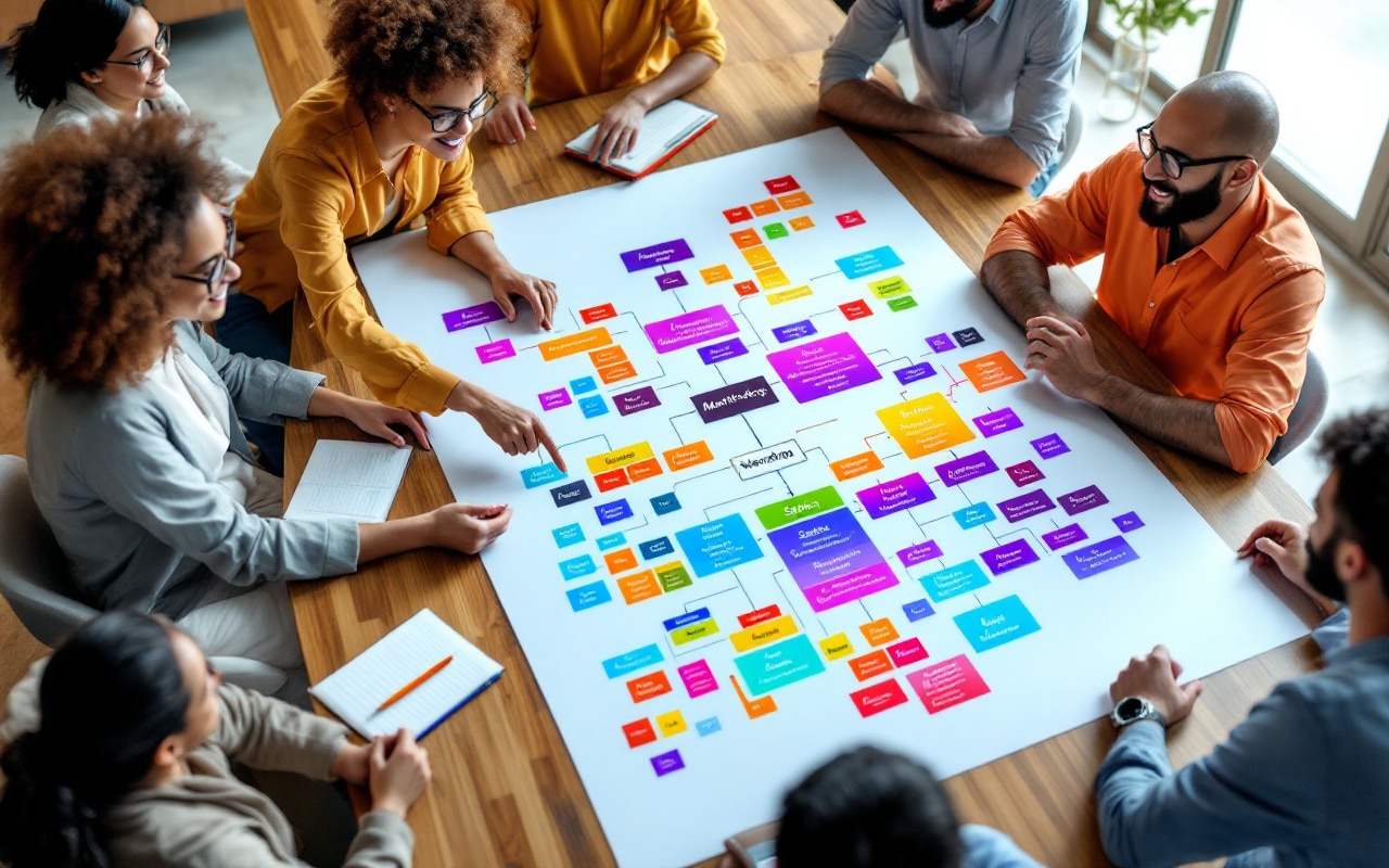 analysis of a colorful org chart with people in discussion