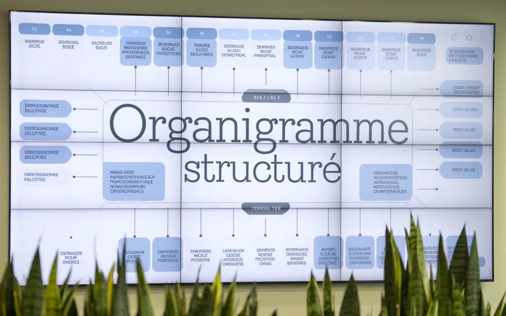 organigramme structuré affiché sur un écran digital dans un bureau