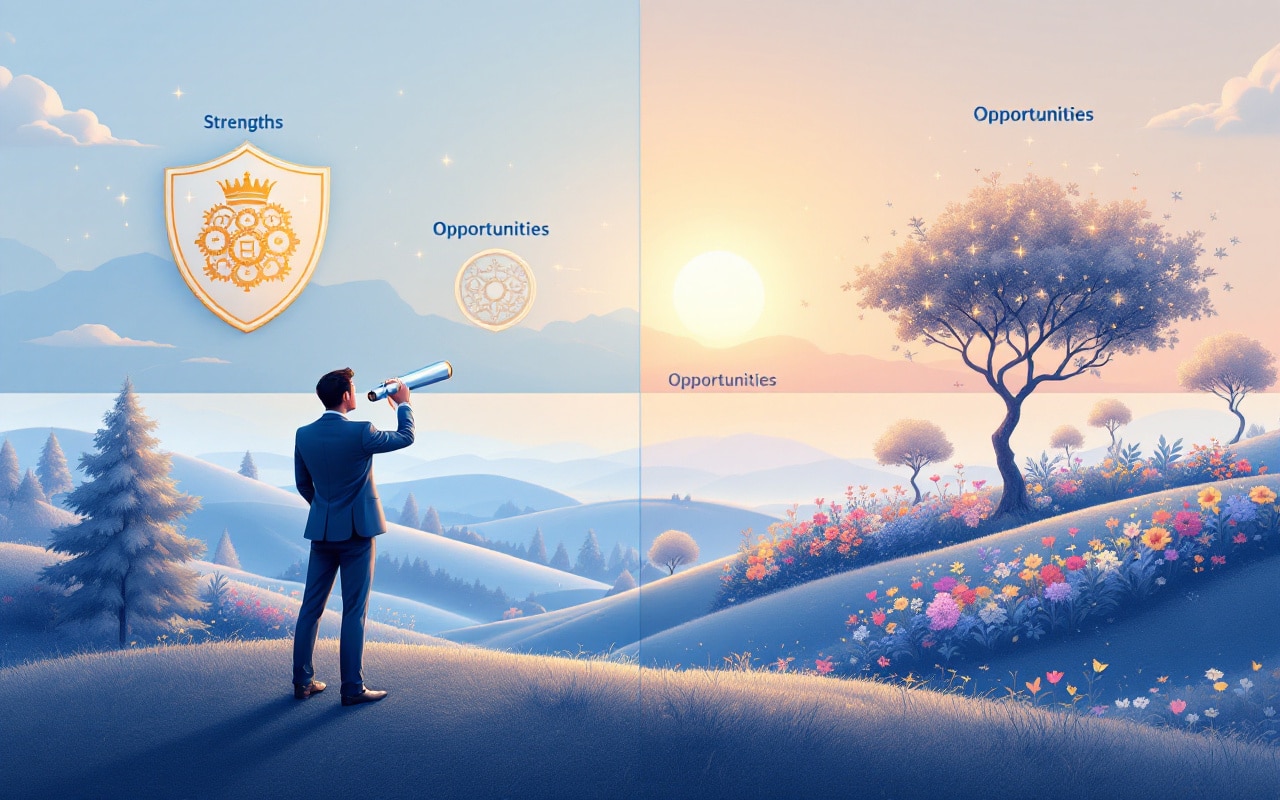 Illustration of a professional looking at a landscape divided into SWOT quadrants.