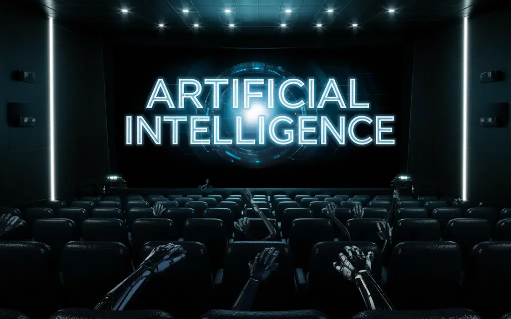 Image de cinéma sur l'intelligence artificielle avec écriture bleue et mains robotiques