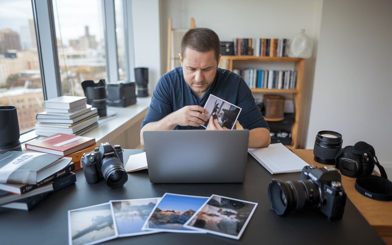 photographe freelance révisant des photos à son bureau