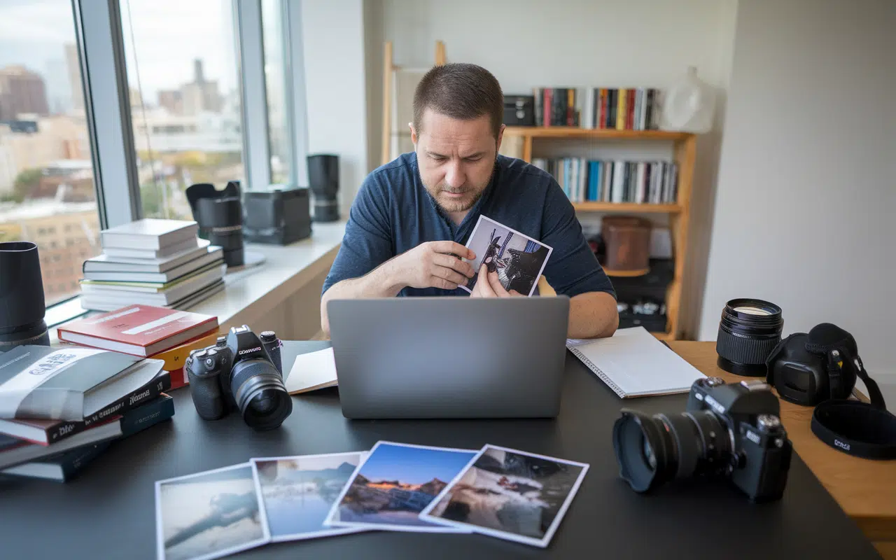 photographe freelance révisant des photos à son bureau