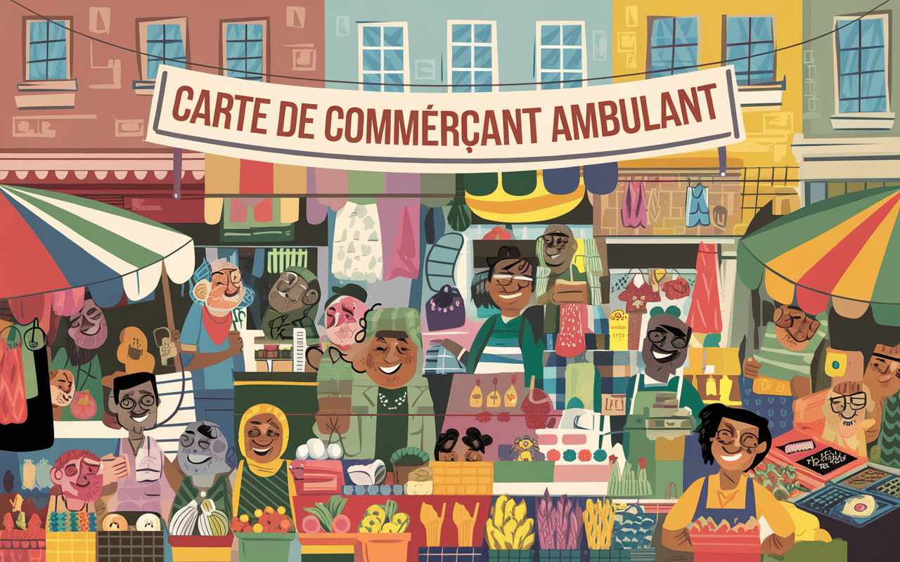 Vibrant market scene with Carte de Commerçant Ambulant sign