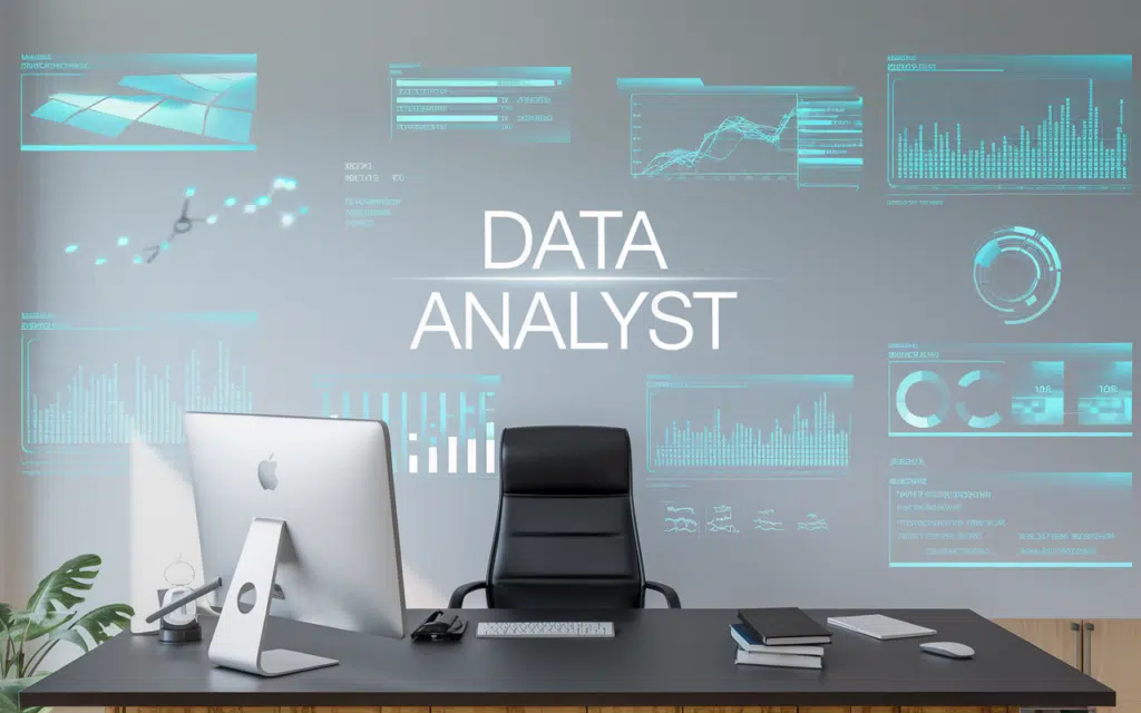 Bureau moderne avec visualisations de données holographiques pour Data Analyst