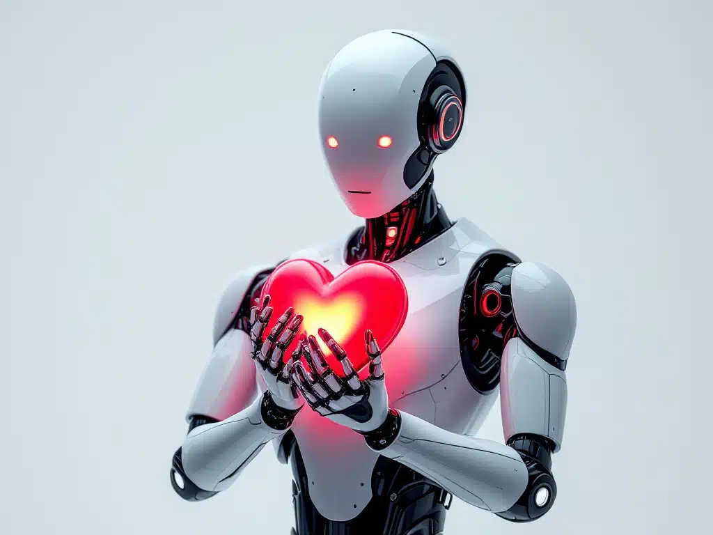 Robot humanoïde tenant un cœur rouge