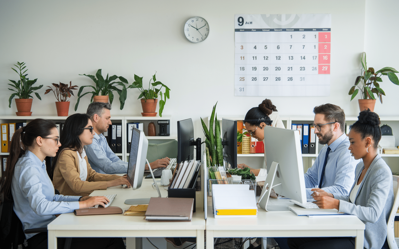 Scène de bureau illustrant la durée légale du travail avec des employés au travail