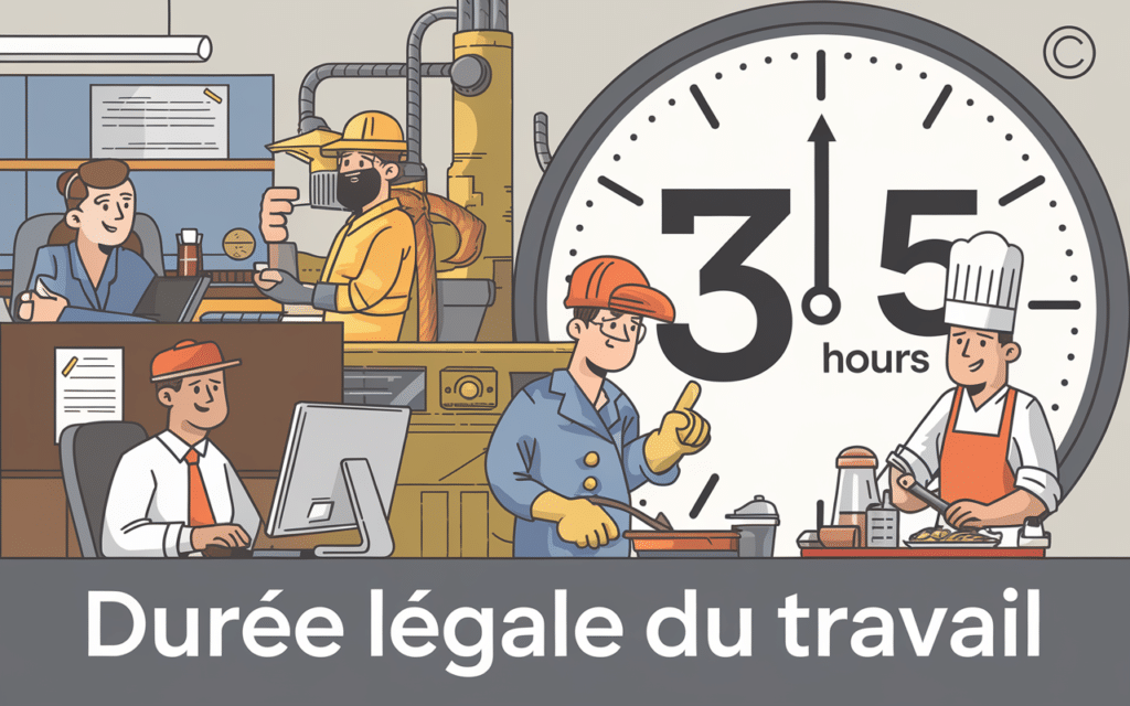 Visuel représentant la durée légale du travail avec des travailleurs divers et une horloge de 35 heures