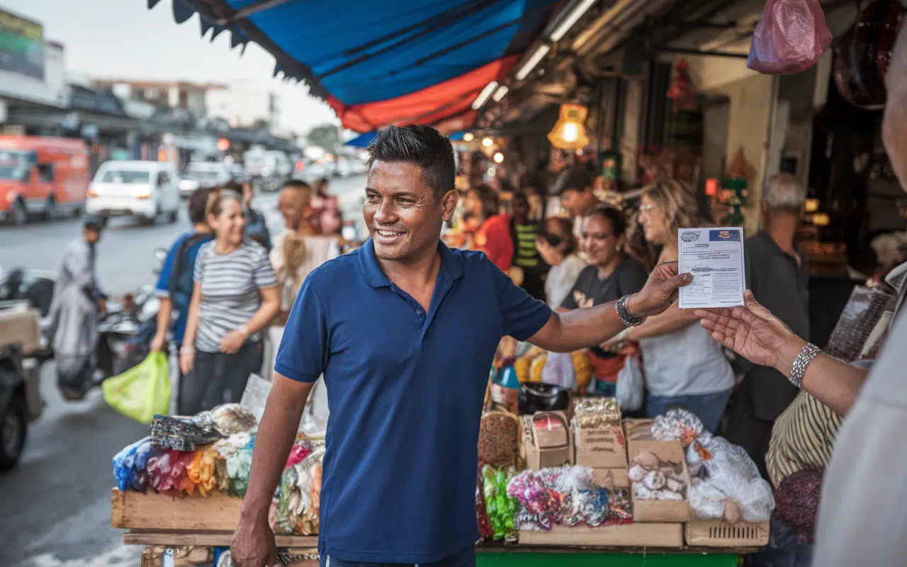 Street vendor presenting carte de commerçant ambulant