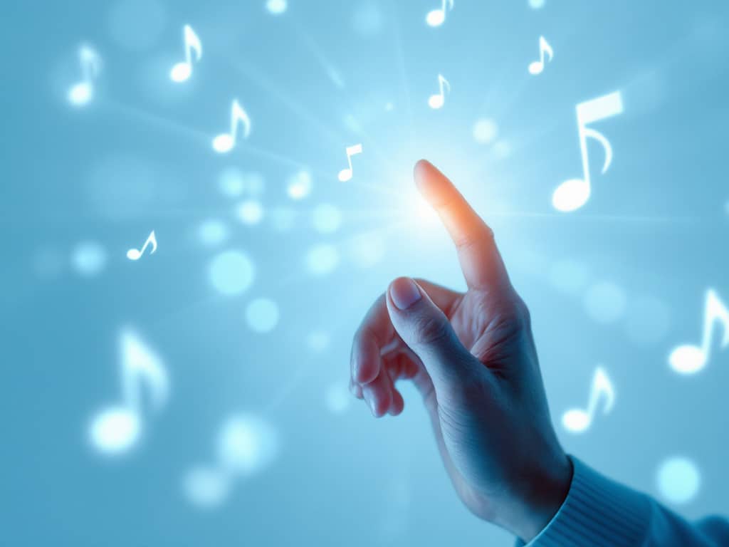 Main touchant une interface numérique avec des notes de musique