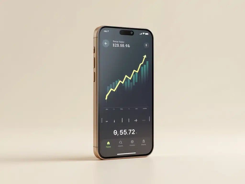 visualisation simple d'une interface de trading sur smartphone avec graphique ascendant