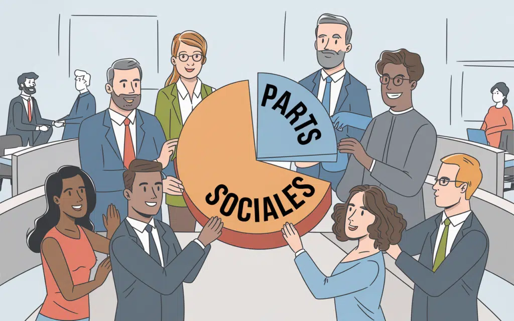 Illustration d'un groupe d'individus échangeant des parts sociales dans un environnement d'affaires moderne