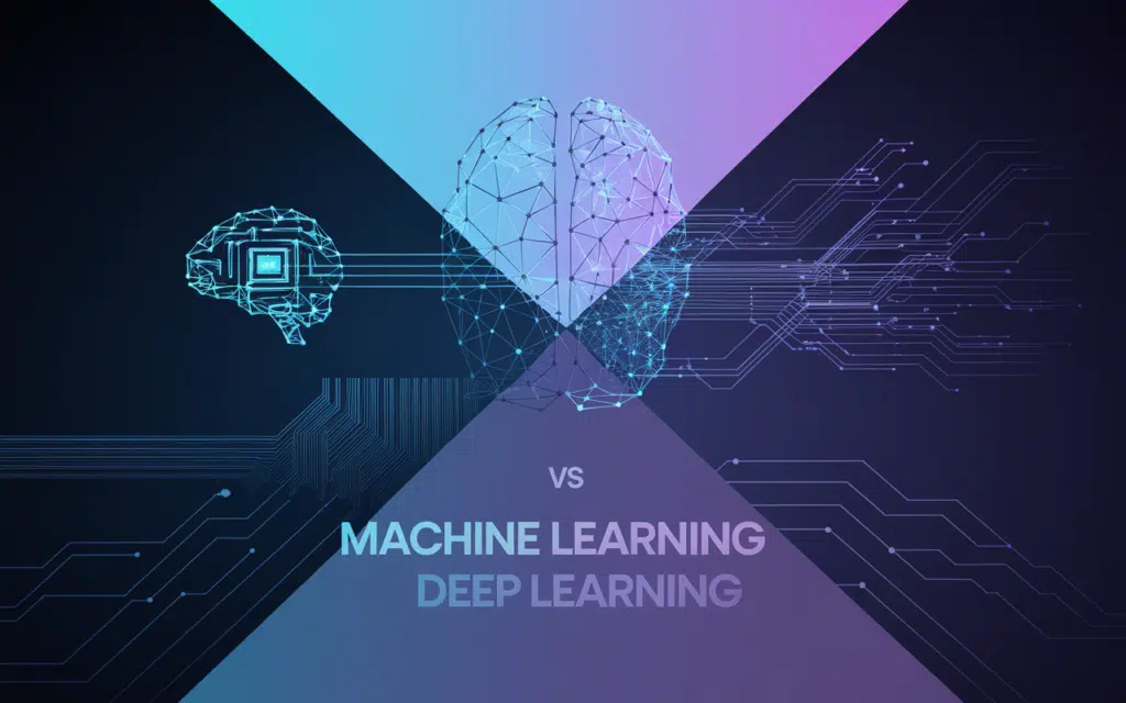 Machine Learning vs Deep Learning split screen AI brain illustration