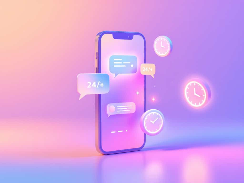 Smartphone affichant interface de chat avec bulles de conversation lumineuses