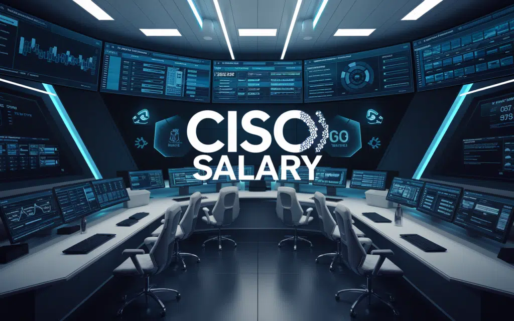 Futuristic cybersecurity command center showcasing CISO salary metrics