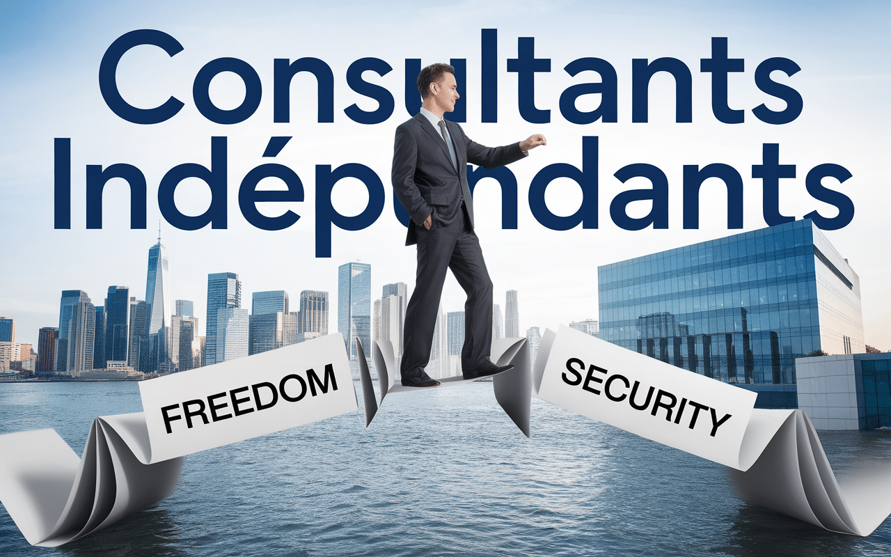 Consultant indépendant sur un pont de papiers symbolisant la liberté et la sécurité
