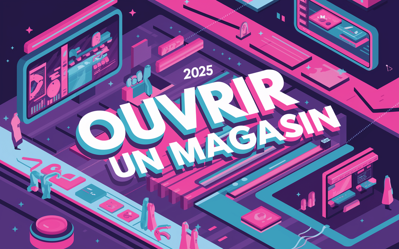 Illustration d'un magasin futuriste en 2025 avec des éléments technologiques avancés.