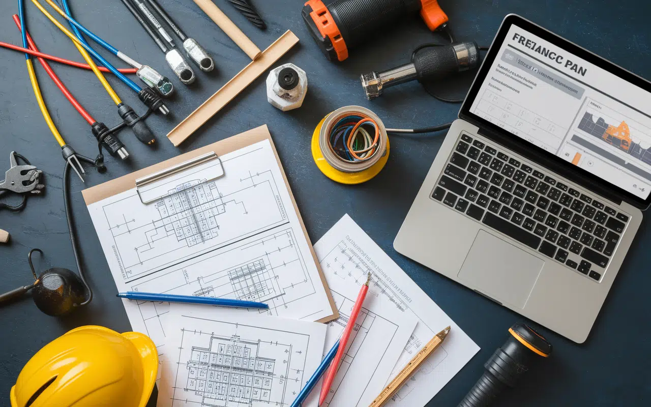 espace de travail électricien avec outils et plan