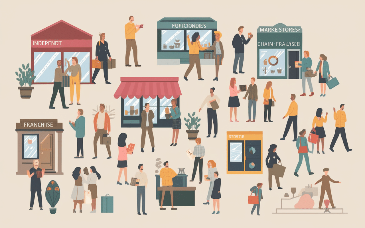 Scène de magasin animée avec divers types de commerces et analyses de marché.