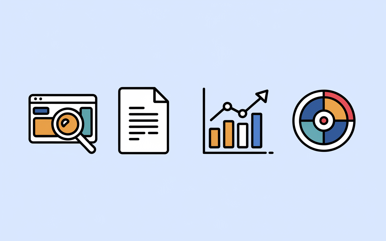 Icônes de services SEO: analyse, contenu, performance, veille