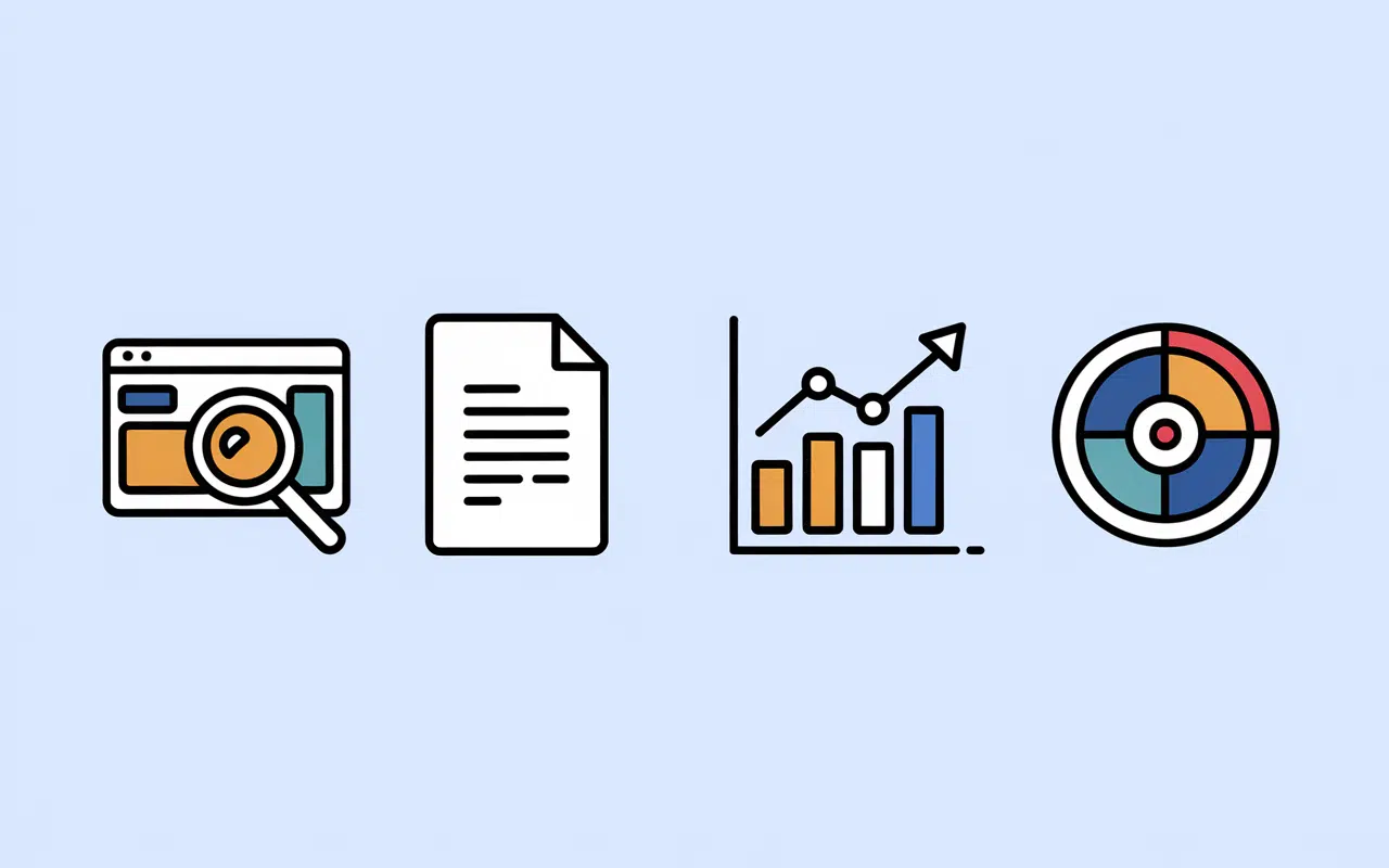 Icônes de services SEO: analyse, contenu, performance, veille