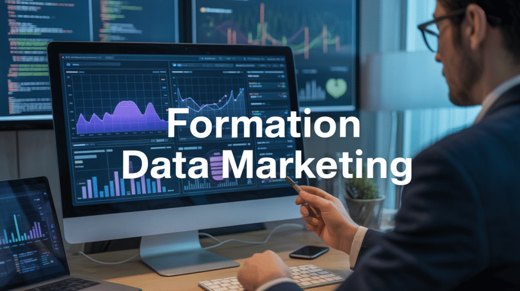 Écran avec graphiques data marketing, professionnel analysant des données
