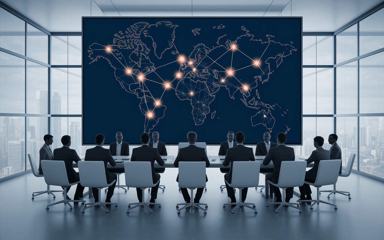 Salle de réunion collaborative avec projection de données mondiales