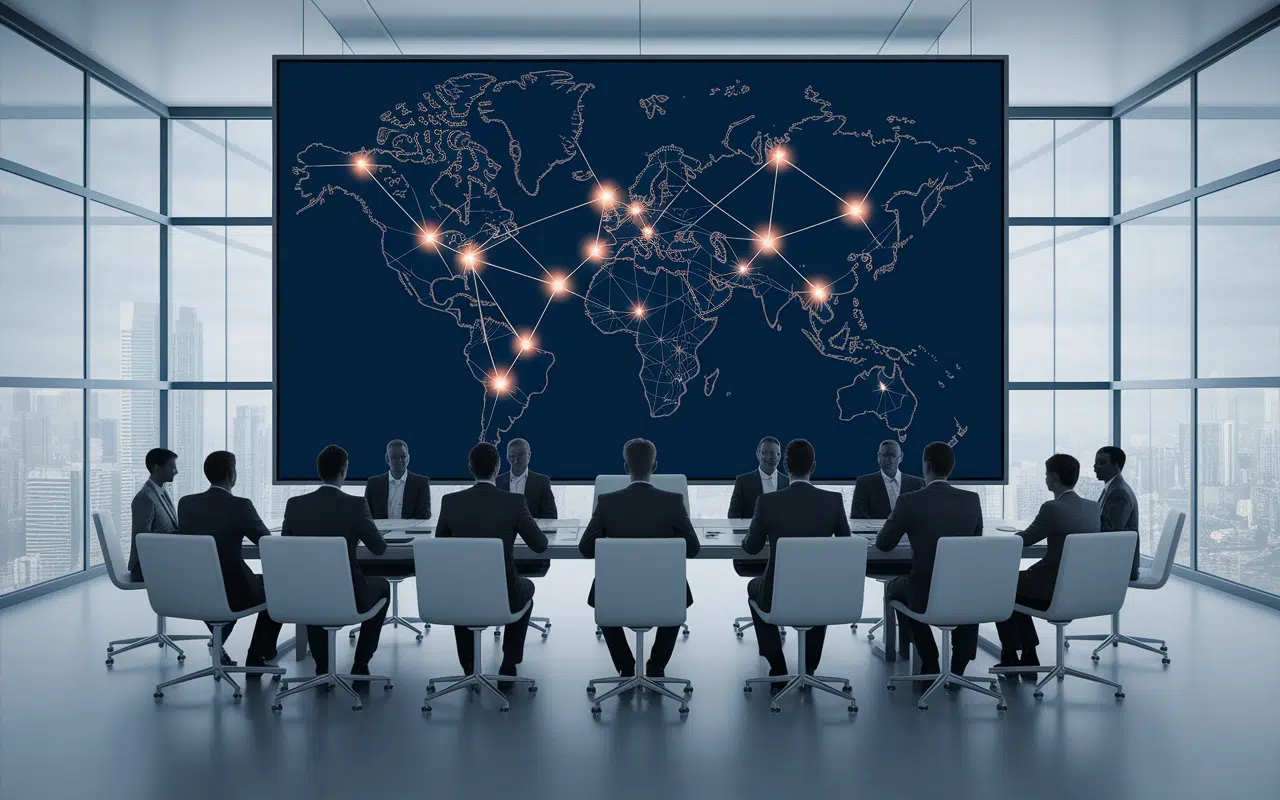 Salle de réunion collaborative avec projection de données mondiales