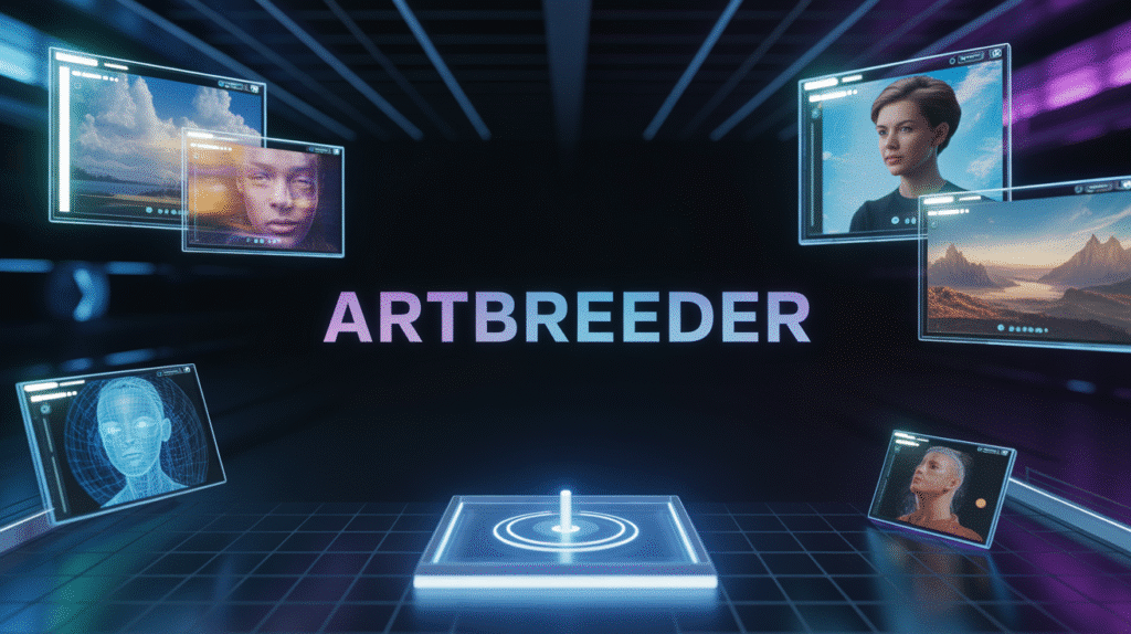 Interface futuriste d'Artbreeder pour generation d'images