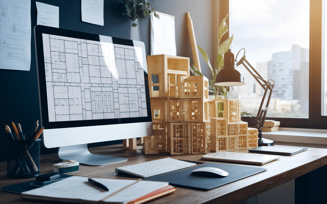 Bureau d'ingénierie avec plans et maquettes
