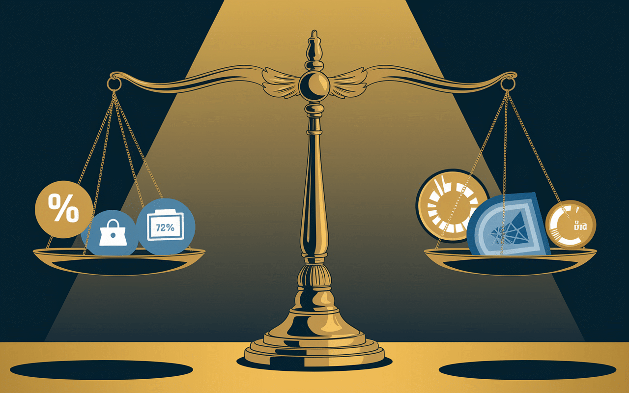 balance dorée avec récompenses et icônes de vente