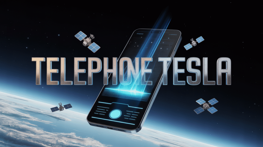 smartphone tesla futuriste dans espace avec hologramme bleu