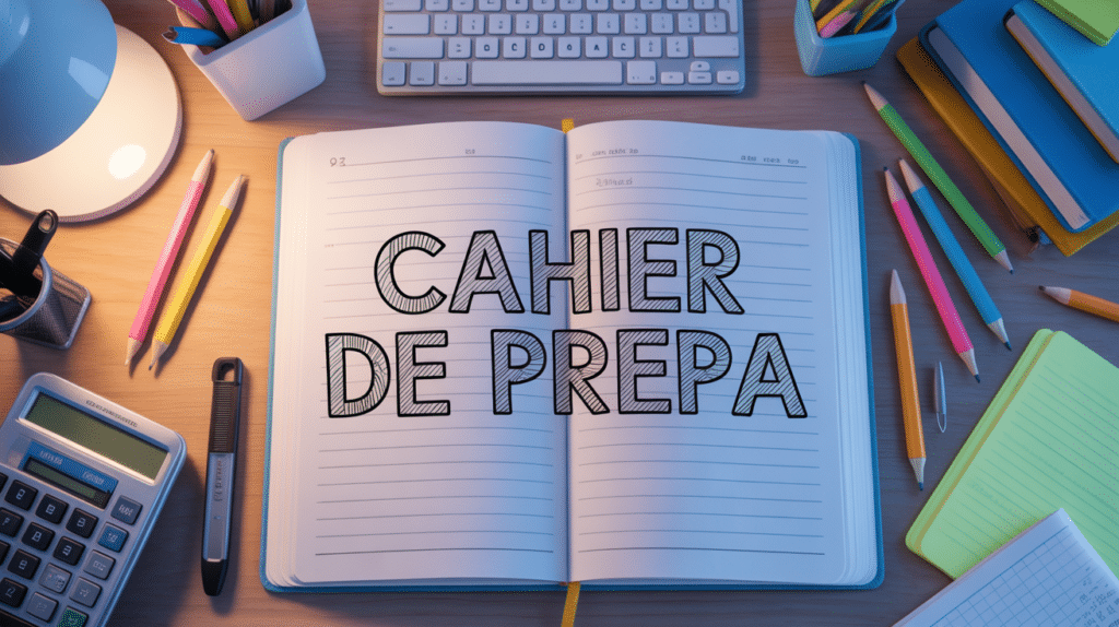 Bureau avec cahier de prepa ouvert et fournitures