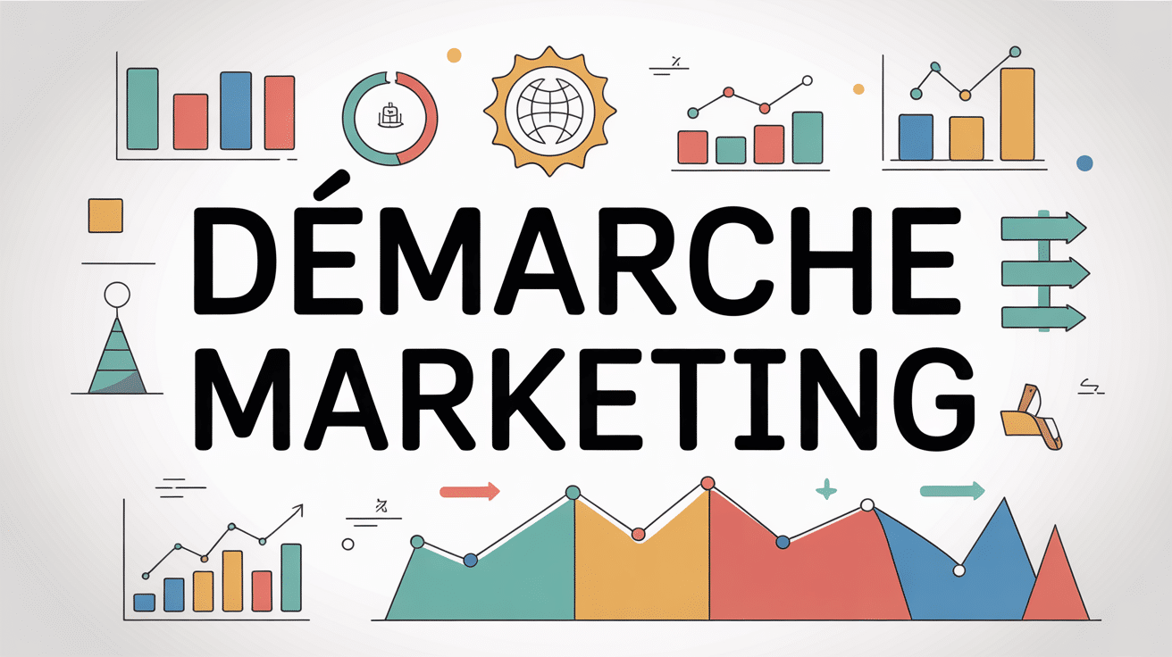 Illustration démarche marketing avec diagrammes et graphiques colorés