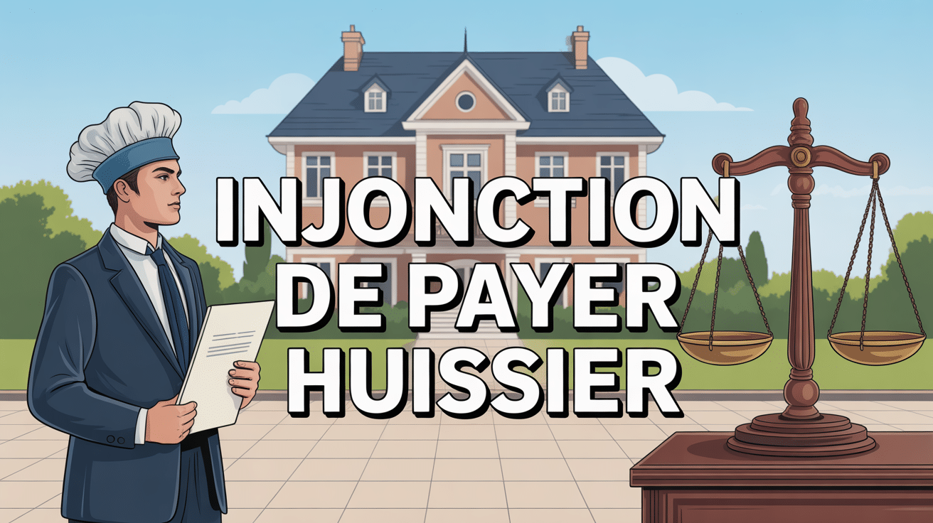 Injonction de payer huissier huissier devant maison avec balance et documents