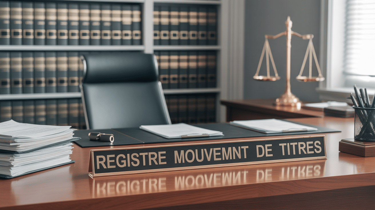 registre mouvement de titres sur bureau moderne avec dossiers juridiques