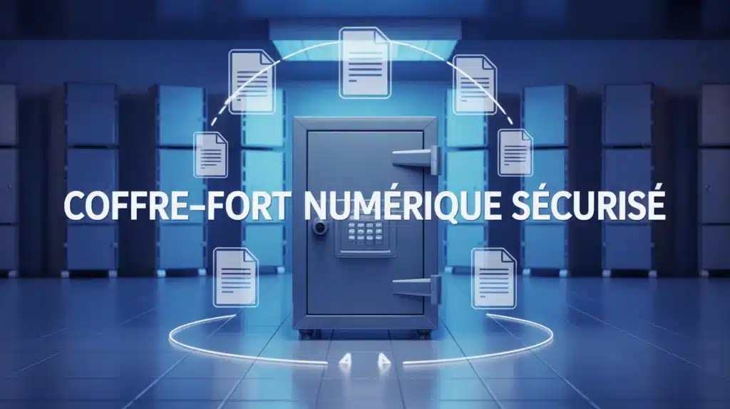 Illustration coffre fort numérique sécurisé avec documents