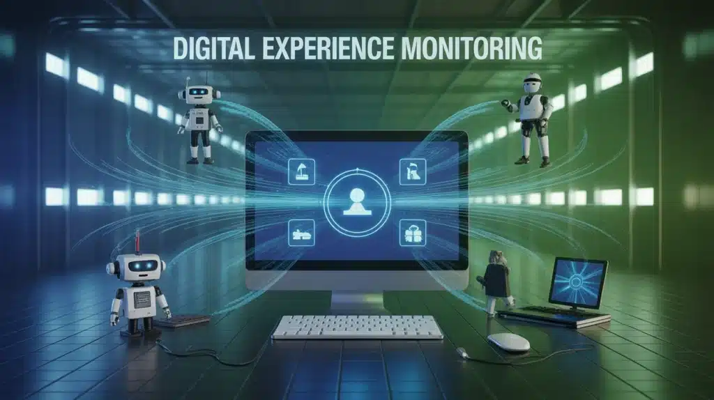 Illustration Digital Experience Monitoring avec écran central et icônes utilisateur
