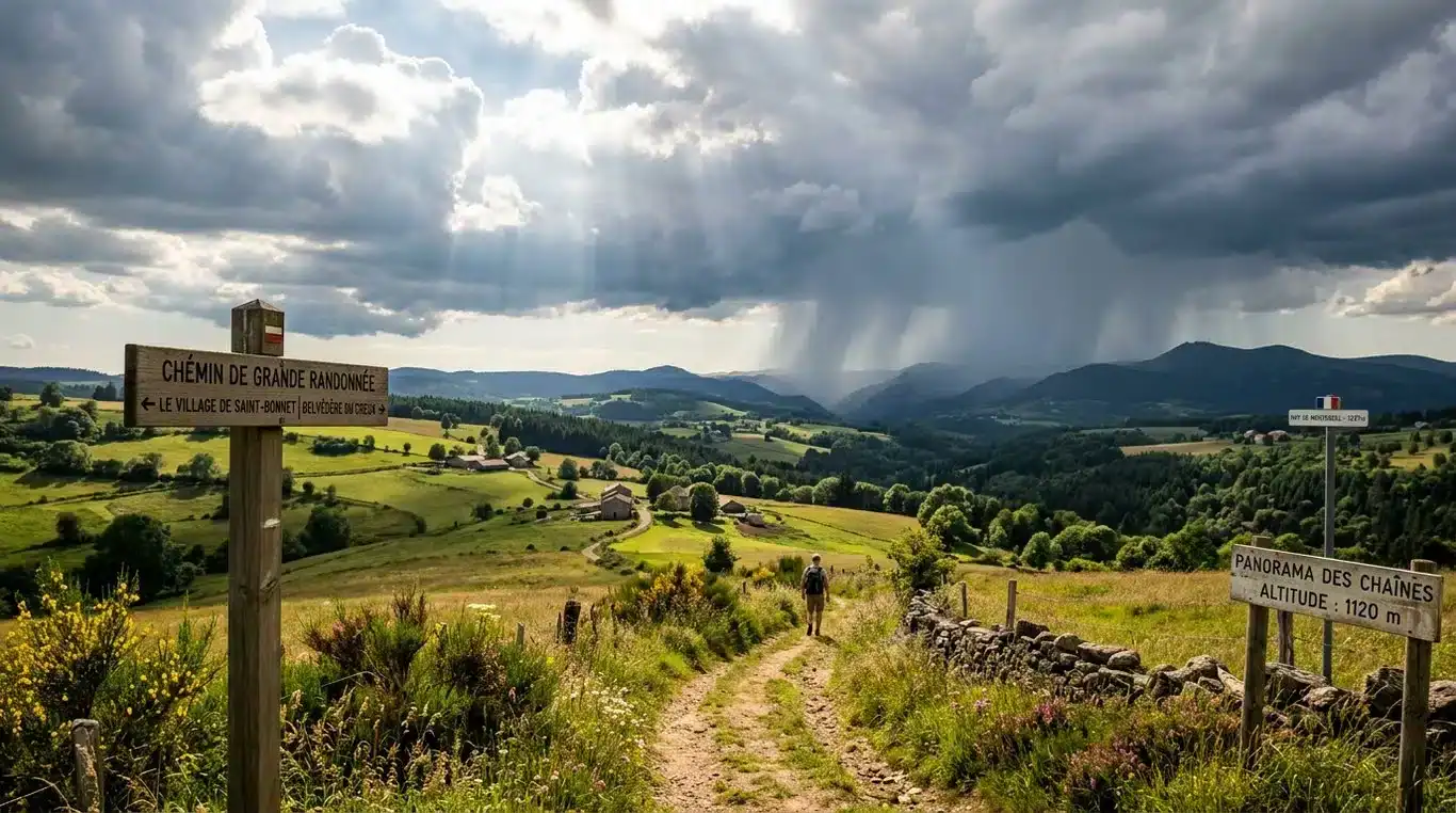 Paysage illustrant le phénomène de pluies éparses avec alternance de soleil et de zones de pluie locale.