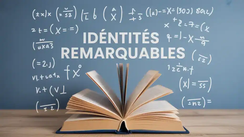 Illustration vectorielle identités remarquables avec livre ouvert et formules mathématiques