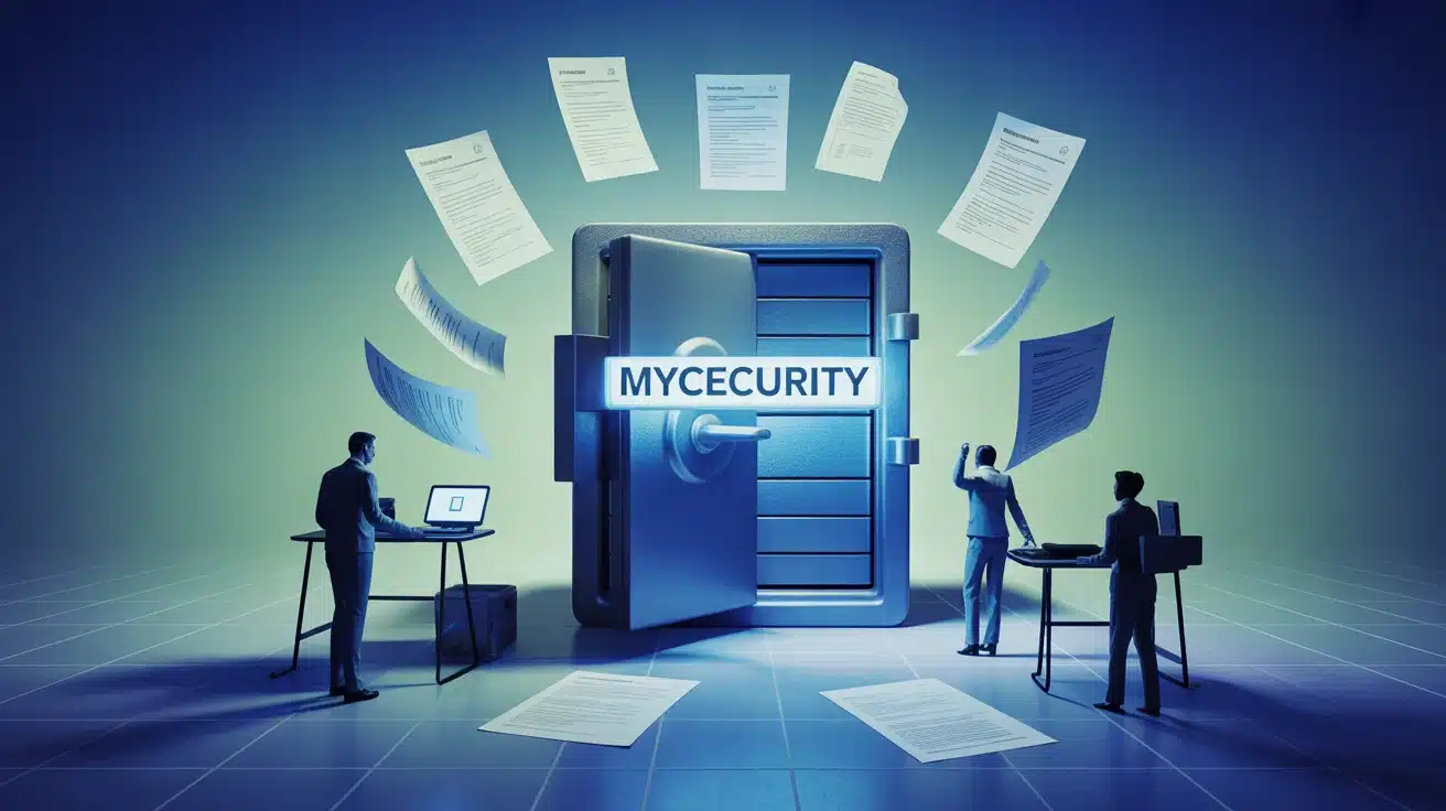 Coffre-fort numérique MyCecurity ouvert avec documents flottants