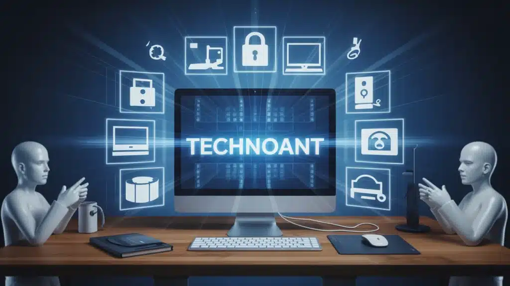 Illustration Technoant site e commerce technologie avec icônes et consommateurs