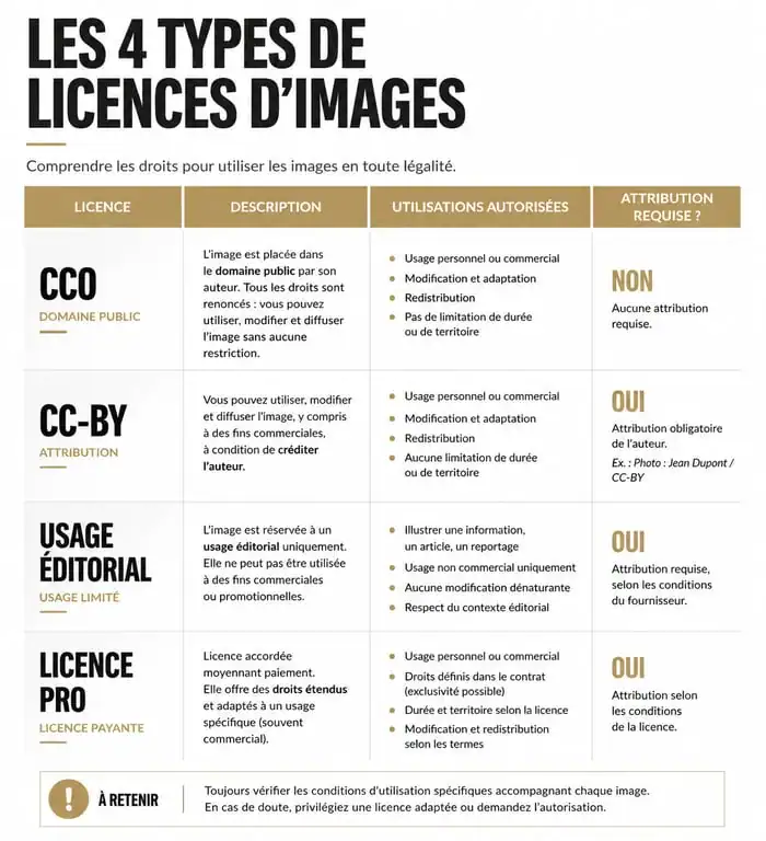 Infographie comparative des licences pour photos libres de droit : CC0, CC-BY, Usage Éditorial et Licence Pro