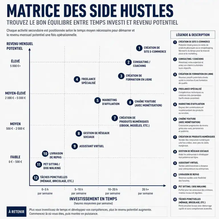 Infographie comparative des méthodes pour arrondir ses fins de mois selon le temps investi et le gain potentiel