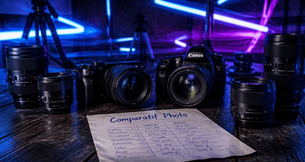 Comparatif appareil photo hybride et reflex sur table