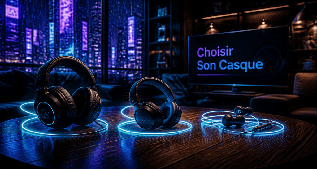 Comparatif casque audio, trois modèles sur table élégante