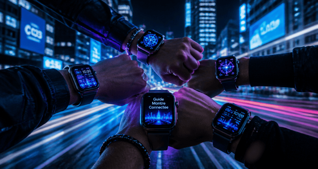 Comparatif montre connectée, plusieurs poignets en ville, écrans lumineux