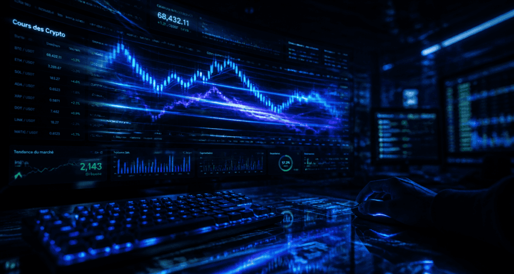 Cours des crypto affiché sur écran de trading futuriste